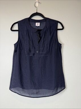 CAbi Ultrachic Sheer Navy Pintuck Top Layered Tuxedo Front Placket Size XS EUC